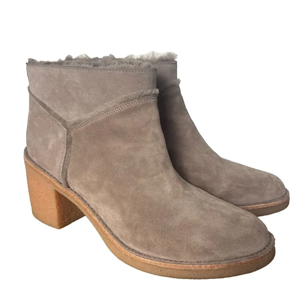 UGG Suede Shearling Ankle Boots Women's 11 Gray Taupe Block Heel Booties